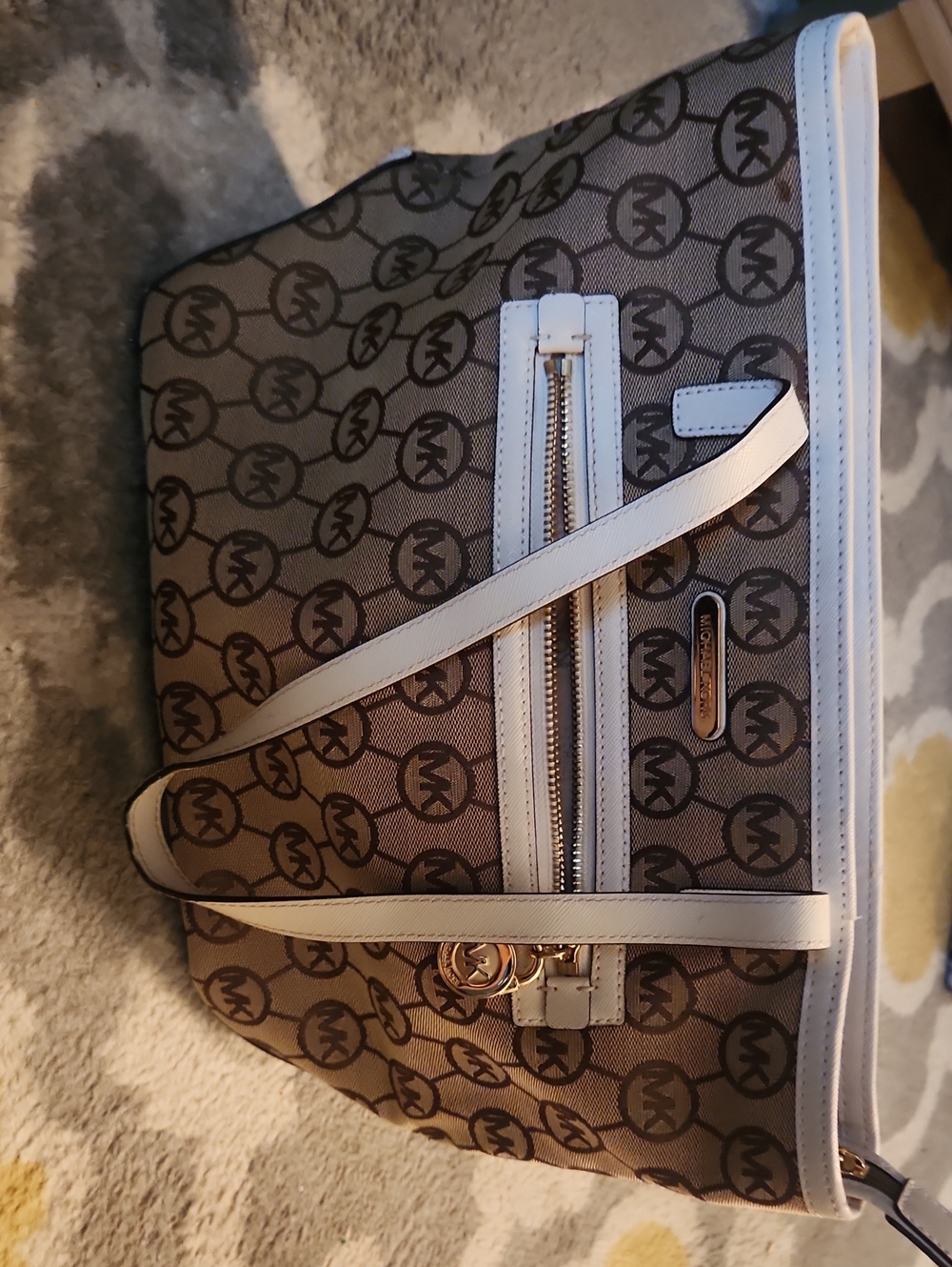 Michael Kors Brown Monogram Tote with White Trim